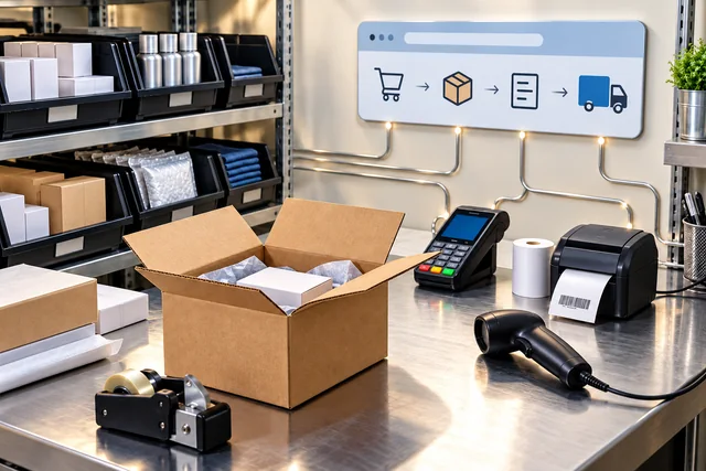 E-Commerce-Versandstation mit Zahlungsterminal, Produktkartons, Belegrolle und Etikettendrucker.
