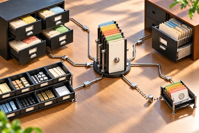 A data-authority model linking product, stock and accounting records to one order, with a queued payment notification.