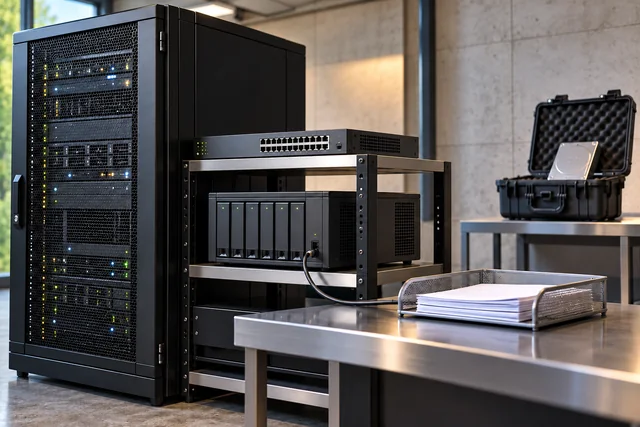 Serverschrank, Netzwerkgerät, separate Sicherungseinheit und Offline-Archivlaufwerk im Schutzkoffer.