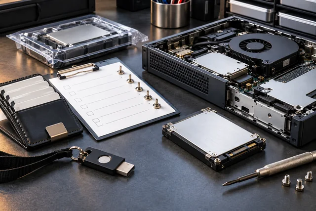 An open workstation, removed storage module, hardware authentication key and maintenance inspection tools.