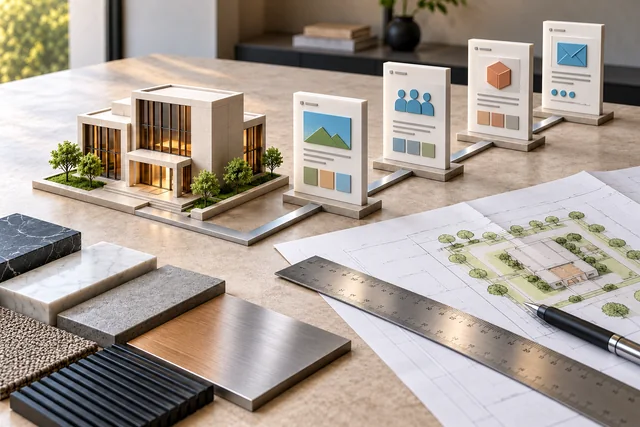 Architektonisches Firmenmodell mit verbundenen Leistungsseiten und Zeichenwerkzeugen zur Planung einer Firmenwebsite.