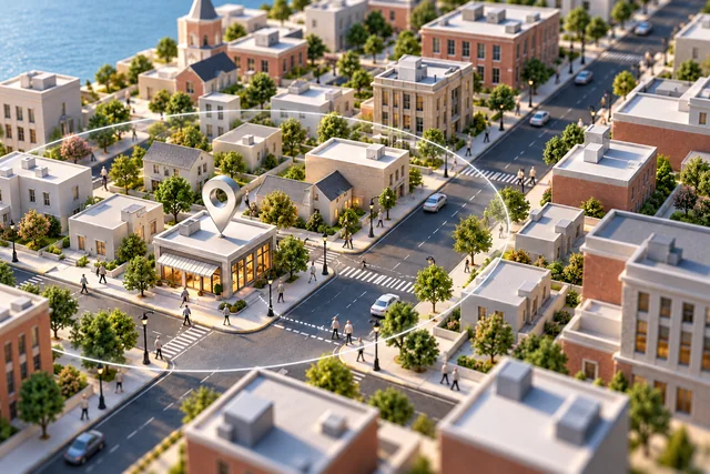Stadtviertelmodell mit lokalem Unternehmensstandort, umliegenden Straßen und transparenter Gebietsgrenze.