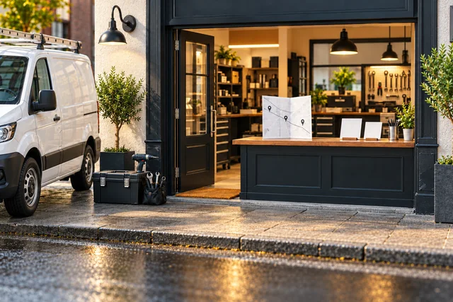 A local service storefront with service van, practical tools, service-area leaflet and customer feedback cards.