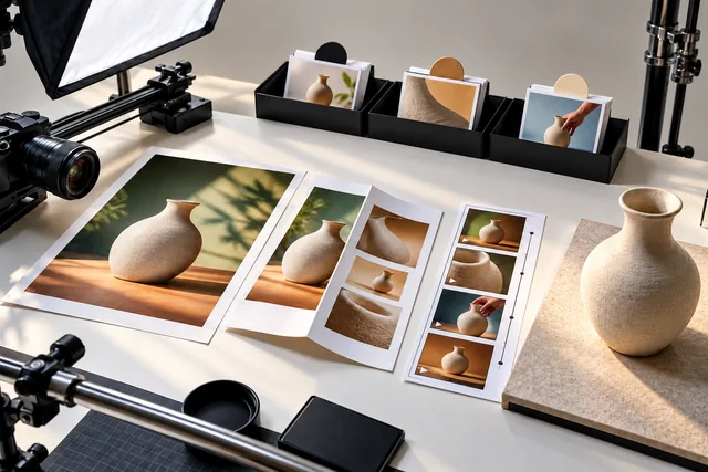 A compact studio preparing one product for photography, a multi-panel explainer and a short video.