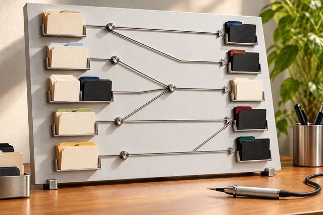 An address-migration board connecting old content folders to appropriate new destinations beside a testing probe.