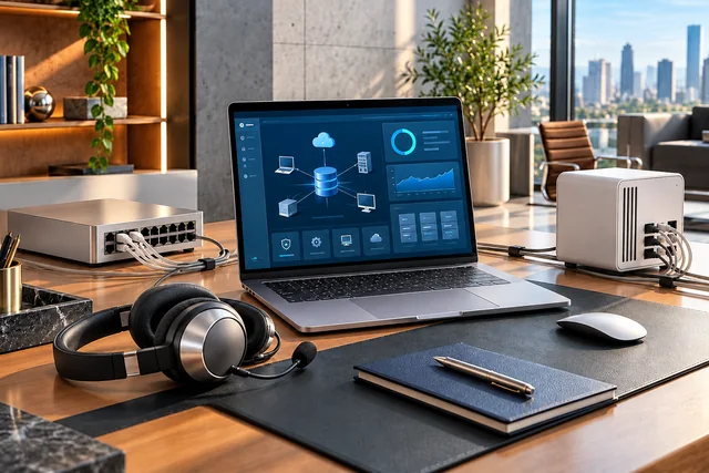 Studiodarstellung von Laptop mit Wartungsübersicht, Netzwerkgerät und Headset