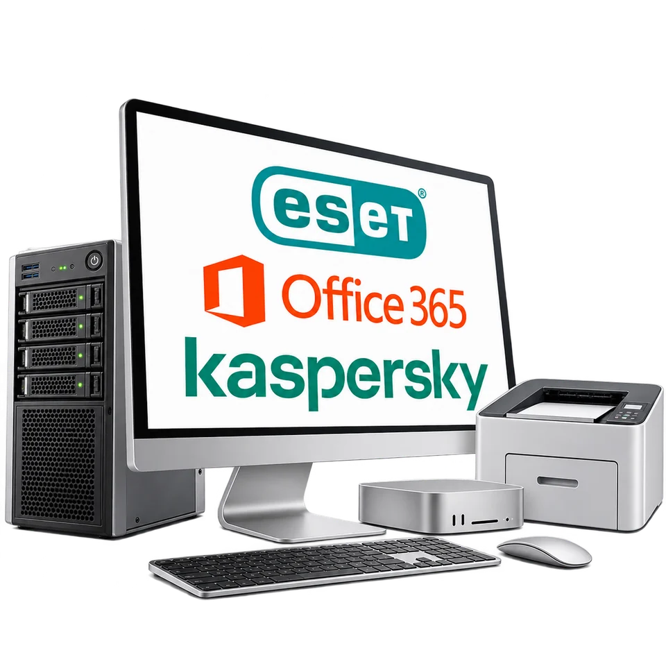 Server, printer and a computer displaying ESET, Office 365 and Kaspersky logos