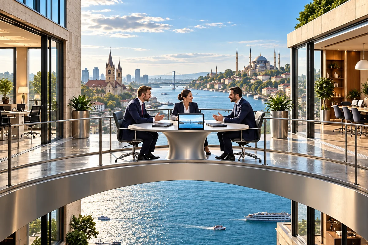 Representative desk and two language booklets on a bridge linking a German office and Turkish workspace.
