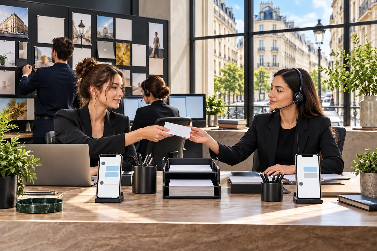 European-city desk with content calendar, two messaging phones and a cross-team inquiry handover tray.