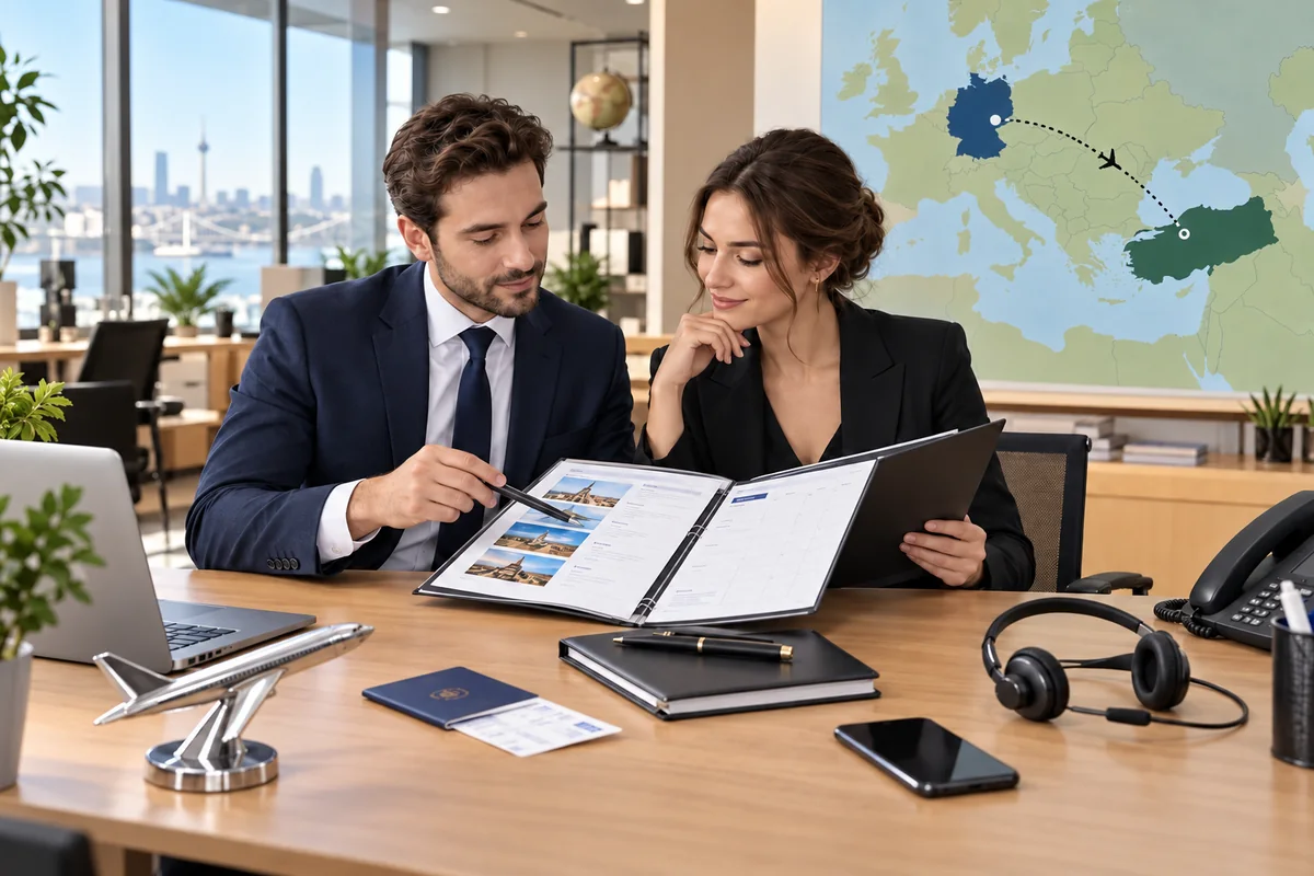 Business-dressed coordinators reviewing a travel folder and appointment calendar in an office.