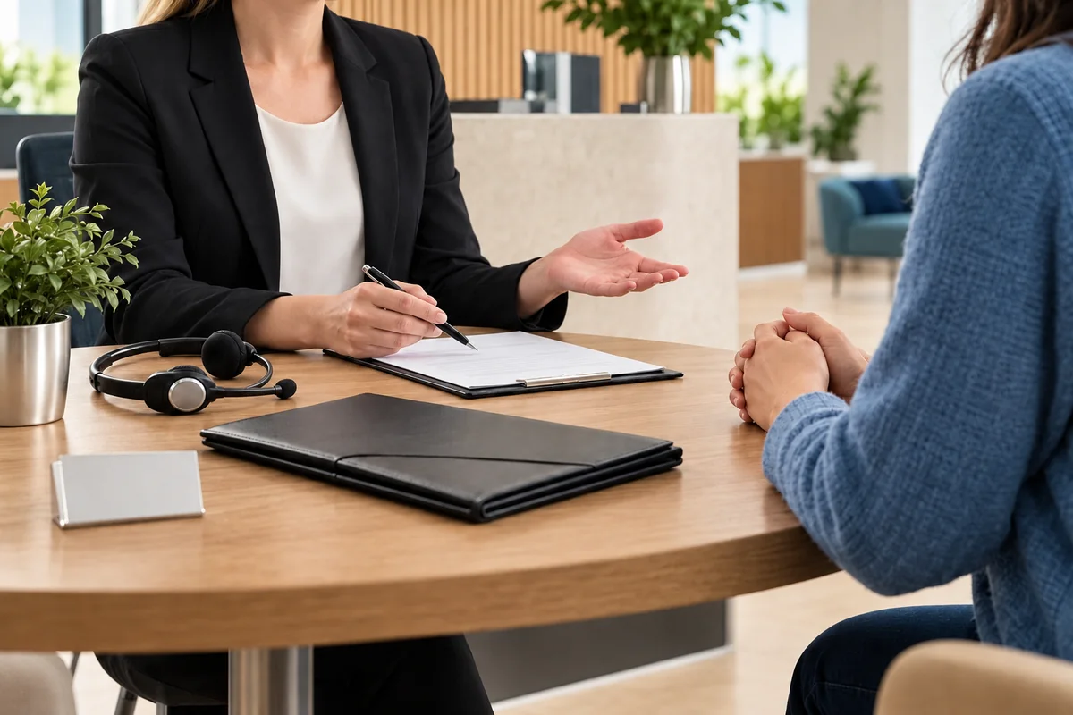 Coordinator welcoming a visitor in a quiet office with intake card, headset and referral folder.