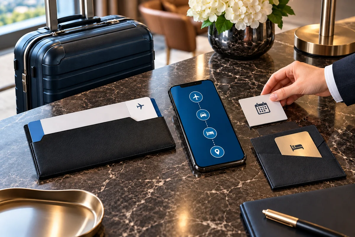 Travel-coordination table aligning carry-on suitcase, boarding-pass sleeve, hotel envelope and appointment card.
