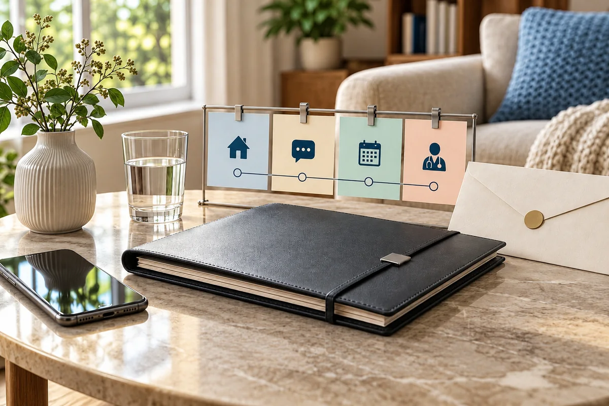 Home-side phone, administrative folder, follow-up reminder cards and clinician-contact envelope.