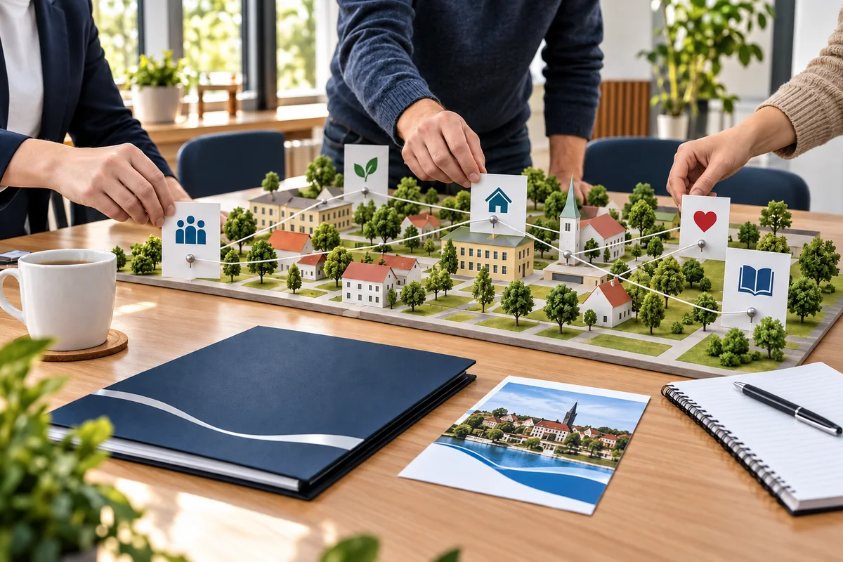 Local-partnership table with neighborhood model, institution cards, event invitation and planned connection threads.