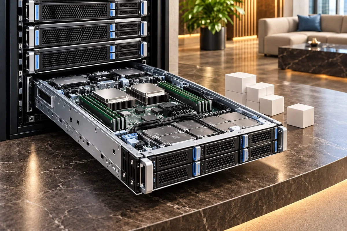 Server chassis partially withdrawn from a rack, revealing processor, memory and disk bays.