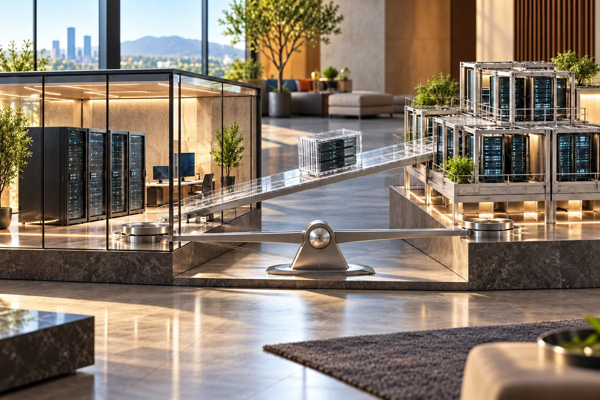 Transparent ramp linking a glass server room and modular server cabinets, with a server model at its center.