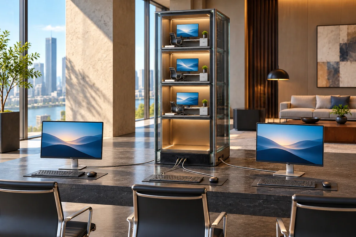 Separate desktop compartments in a central virtualization tower connected to thin terminals.