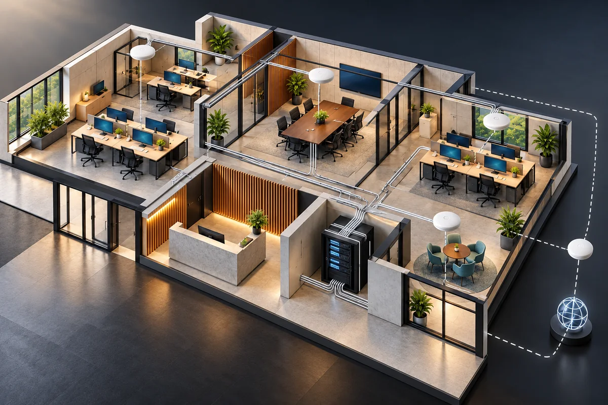 Office cutaway with Wi-Fi access points, separate network zones and neatly routed cabinet connections.