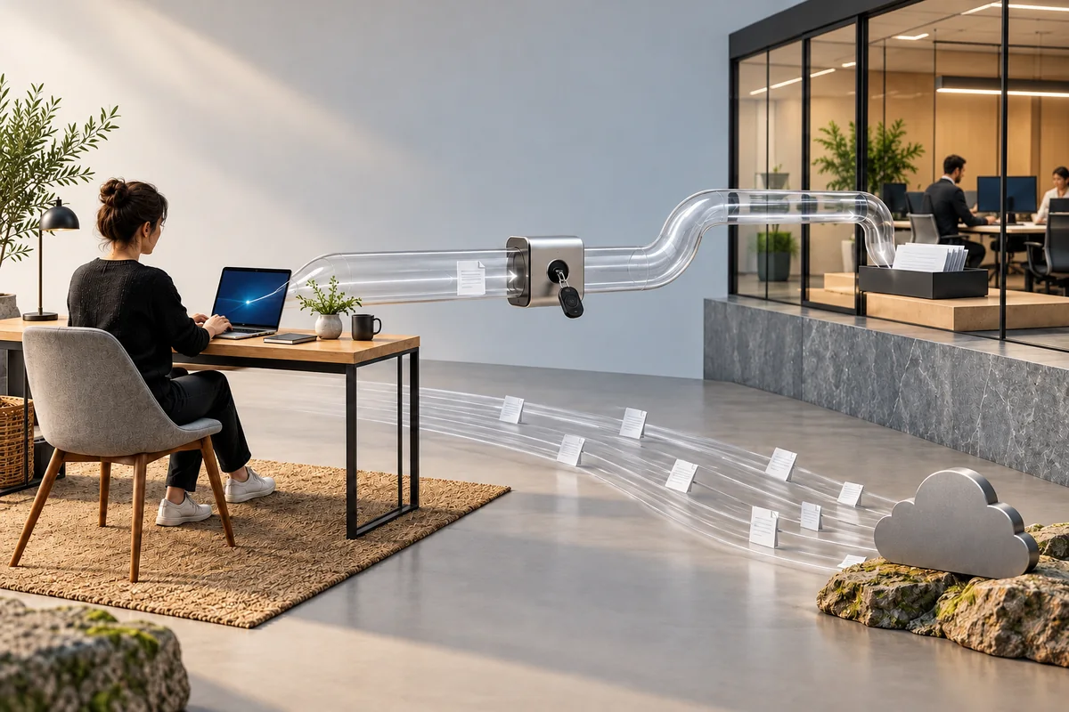 Enclosed connection tunnel linking a home desk and office through an authentication checkpoint.