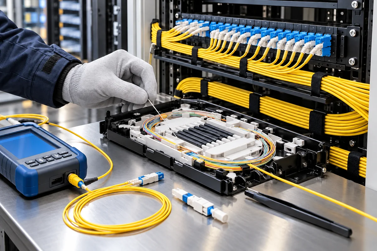 Structured cabling scene with patch panel, fiber splice tray, optical connector and cable tester.