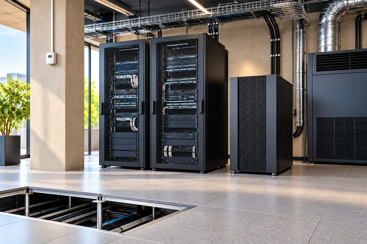 System-room cutaway with planned racks, UPS, overhead cable trays and cooling unit.