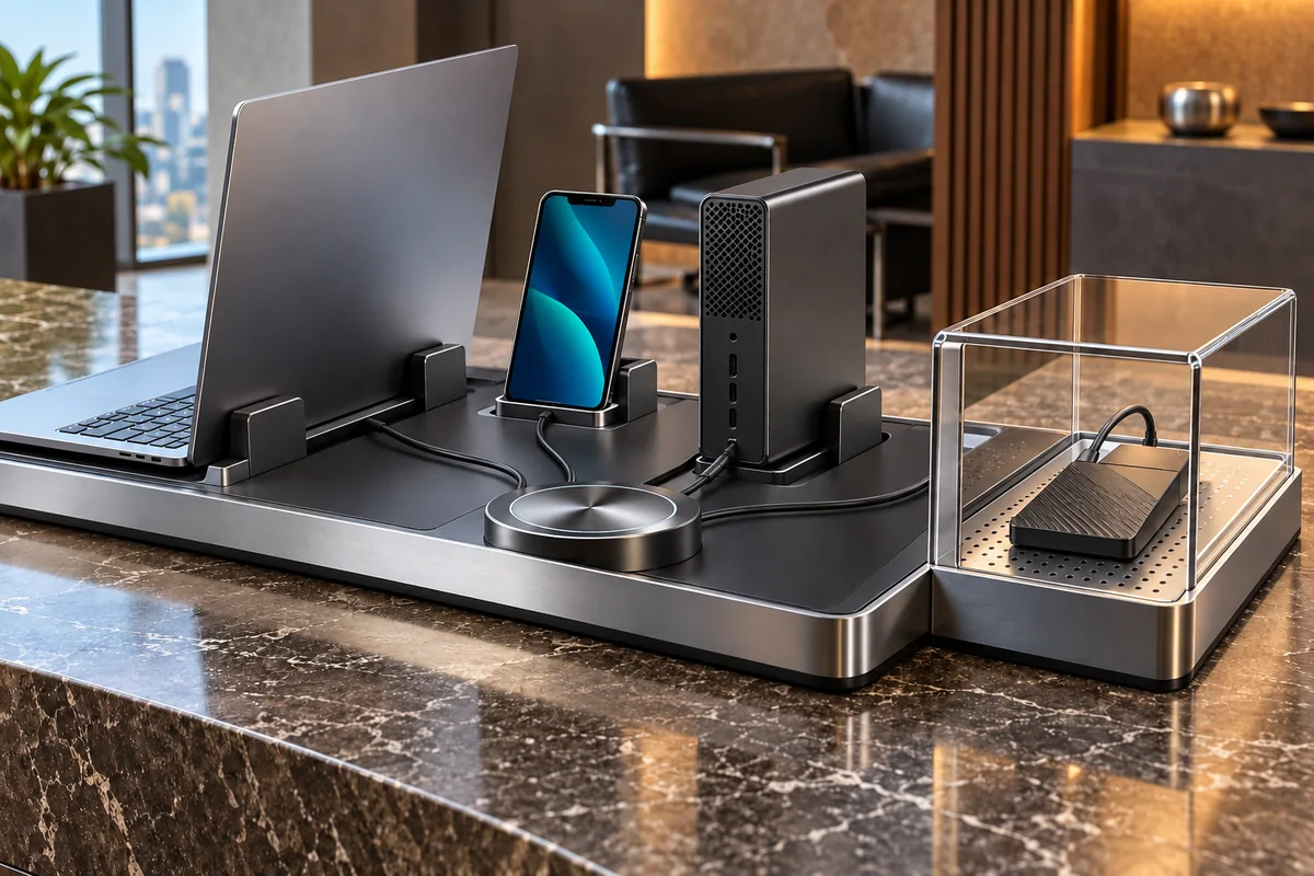 Endpoint station with laptop, phone and mini-computer beside an isolated external drive.