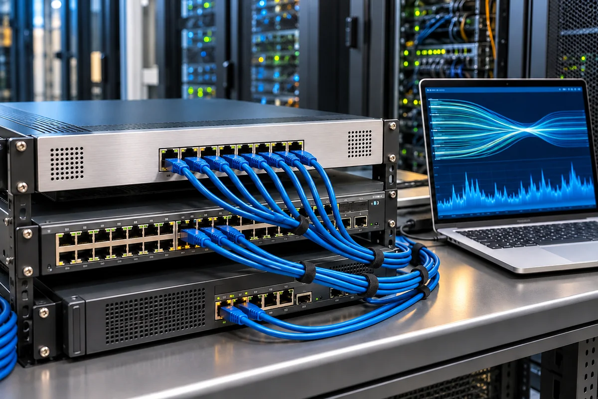 A network load-testing appliance, switch and traffic monitoring screen connected by Ethernet cables.