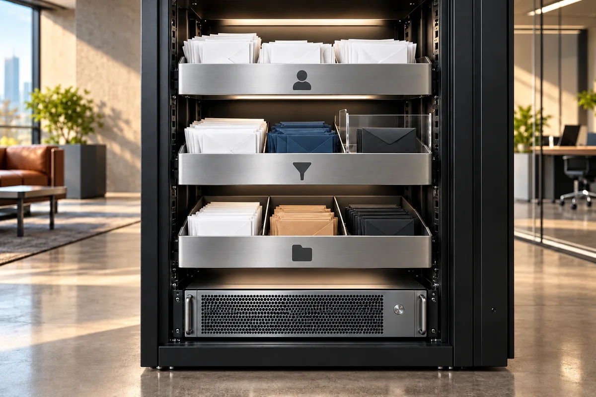 Mail-server cutaway showing envelope verification, filtering and delivery to user mailboxes.