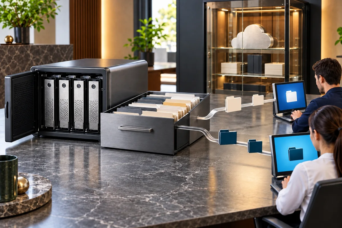 Four-bay NAS, shared-file drawer and user terminals linked through separate permission channels.