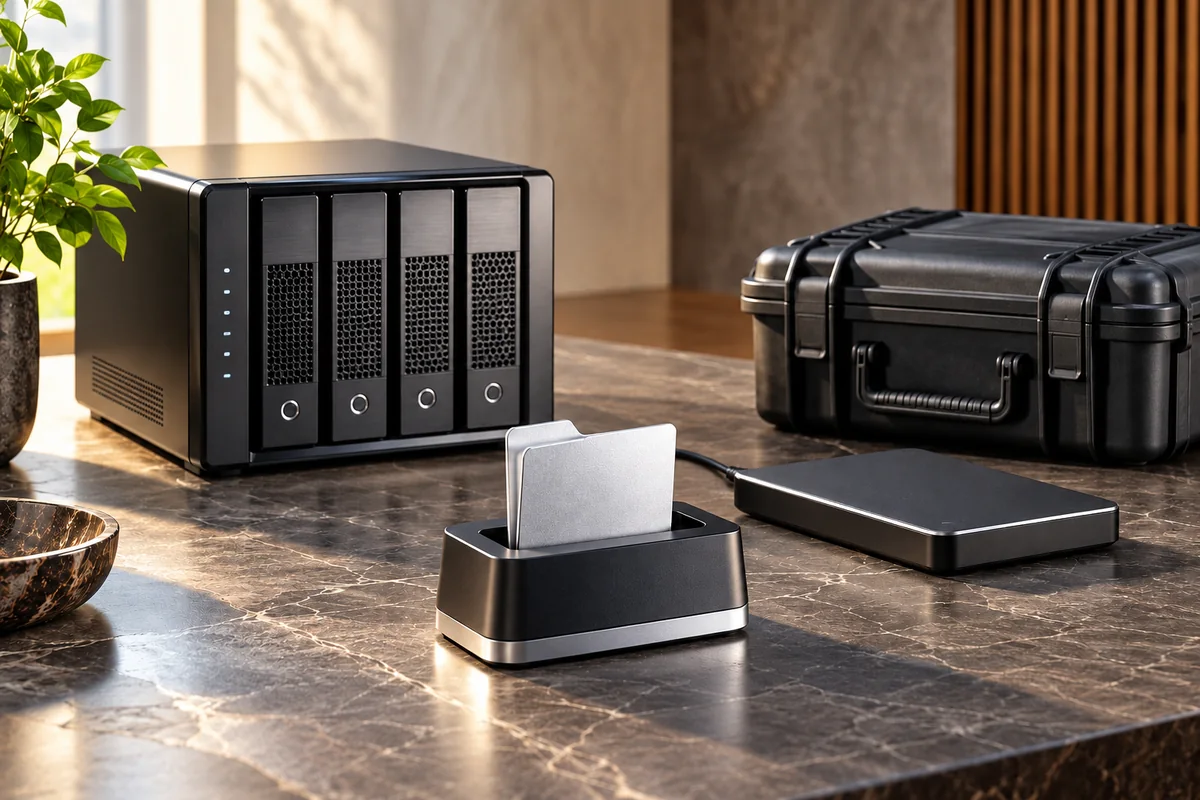 Primary disk array, local backup drive, separate storage case and restore cradle.