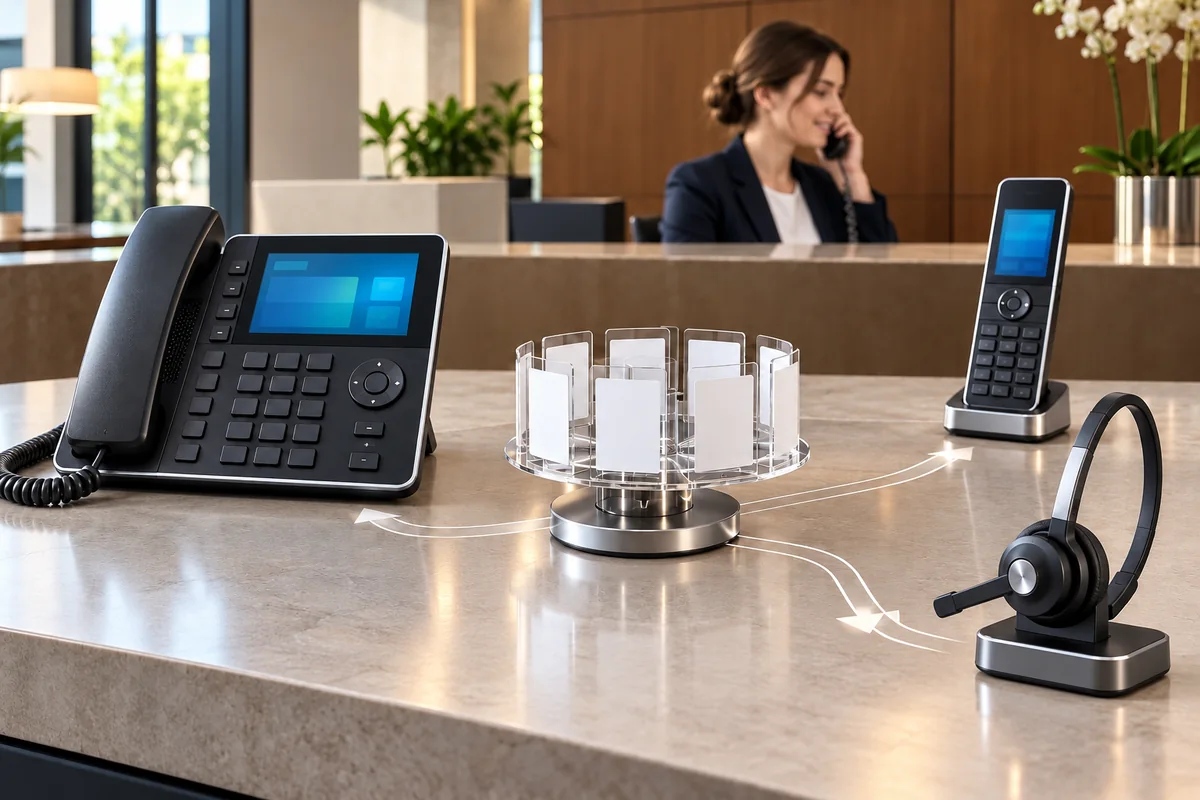Small call-queue carousel routing calls between a desk phone, cordless handset and headset.