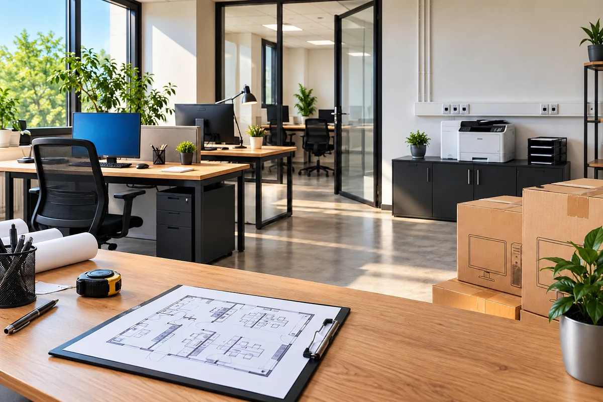 New branch office with computer boxes, printer, network sockets and layout plan.