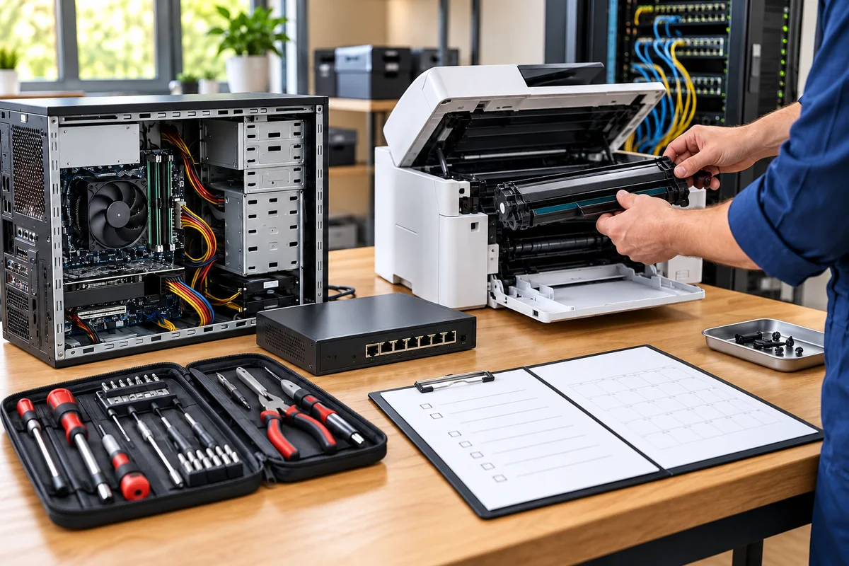Corporate maintenance bench with open computer, inspected printer, network switch and maintenance checklist.