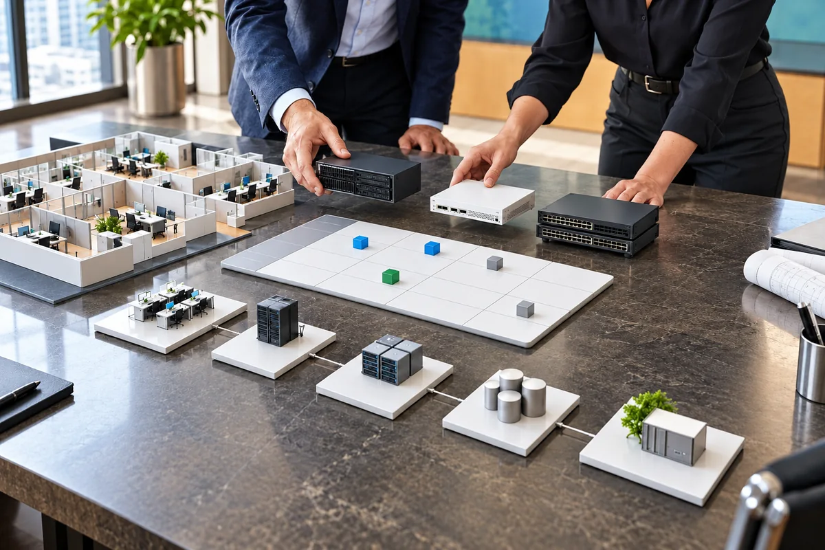 Planning table comparing an office model, infrastructure alternatives and a phased technology roadmap.