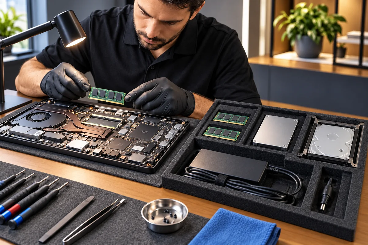 Hardware bench with motherboard, compatible RAM, SSD, disk tray and power adapter in fitted compartments.