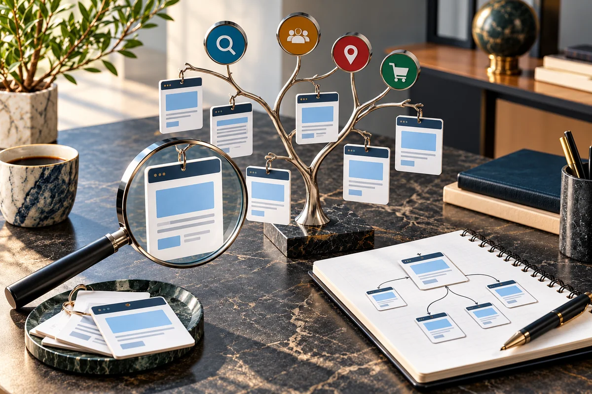 Search-intent tokens, branching content tree and page cards under editorial inspection.