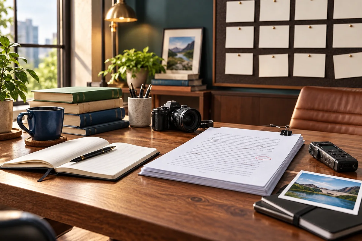 Editor's desk with research books, revised article draft, notebook and monthly content board.