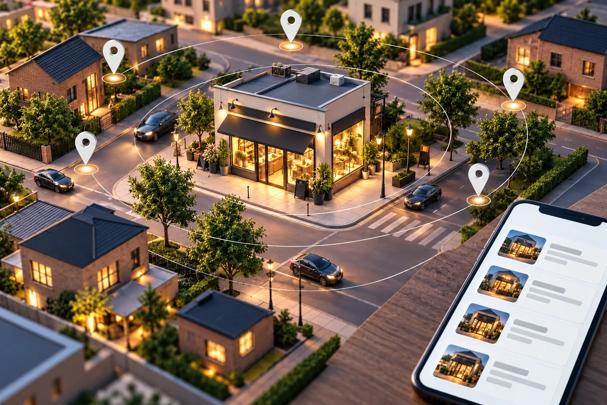 Neighborhood model with local business, nearby map markers and phone showing local search results.