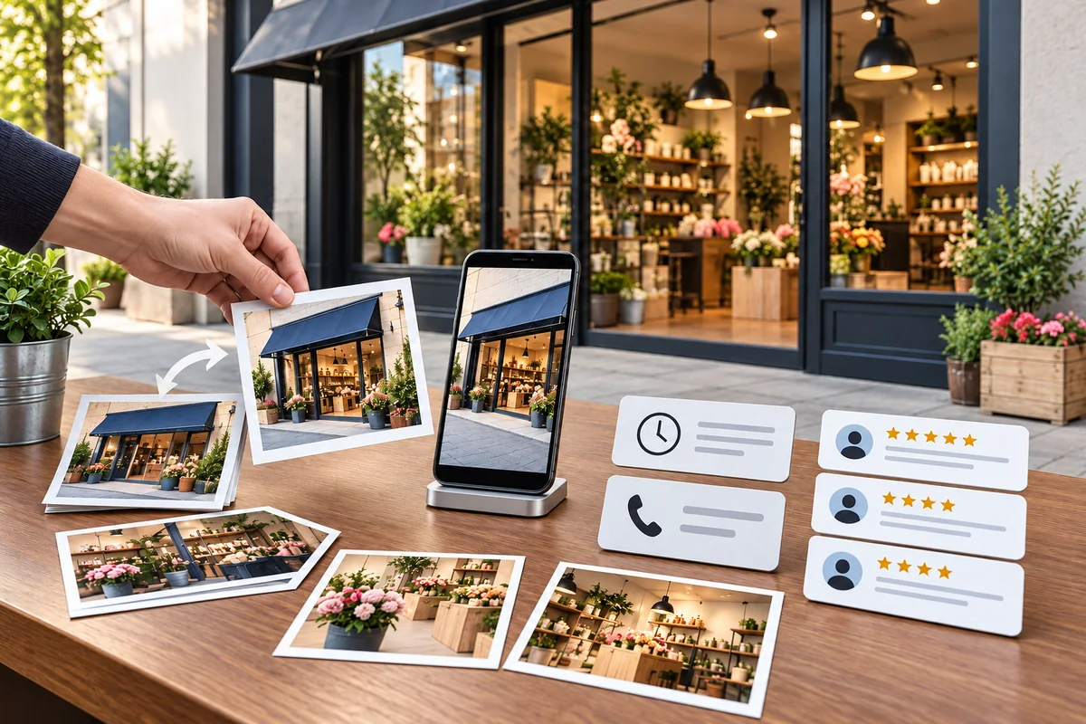 Profile-update station beside a storefront with fresh photos, opening-hour cards, reviews and a phone.