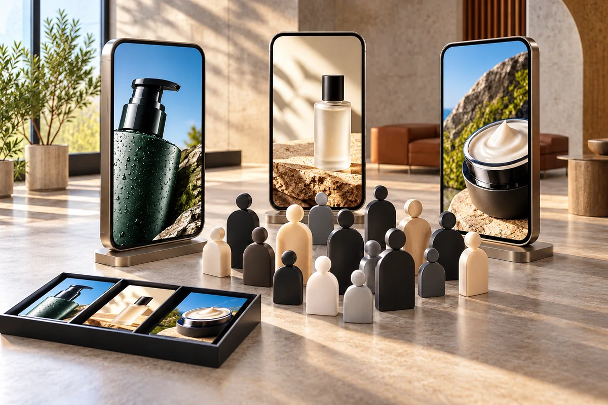 Testing studio with vertical ad frames showing different product crops and audience silhouette groups.