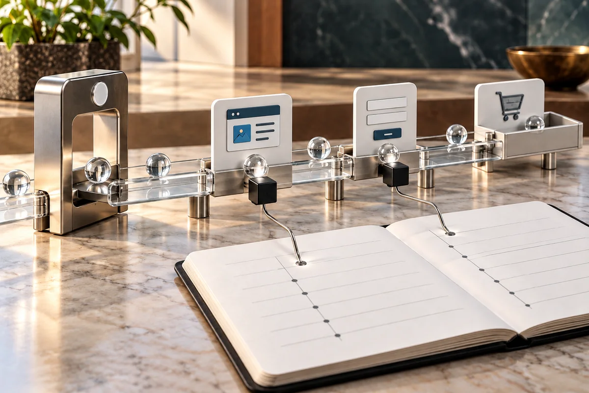 Consent-gated measurement track recording visits, forms and orders through sensors into an event ledger.