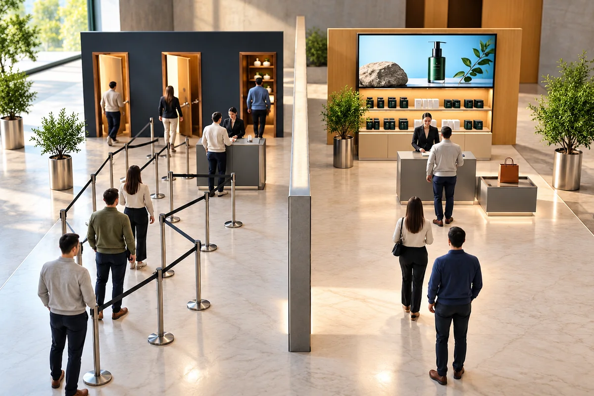 Side-by-side retail model comparing a long queue with a direct checkout path.