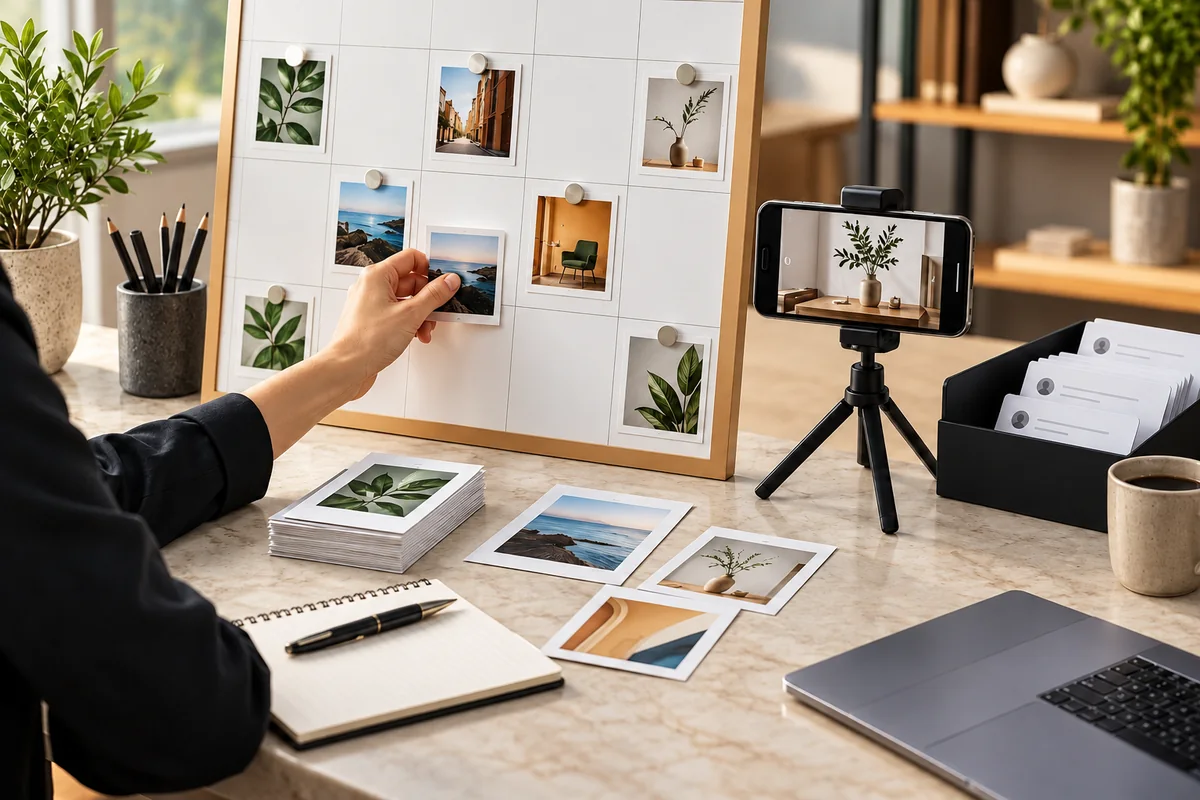 Social-media desk with monthly posting board, tripod-mounted phone, approved images and reply tray.