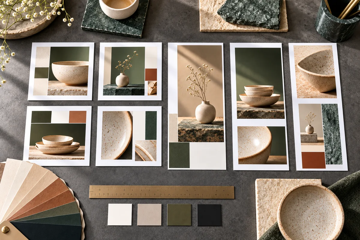 Design board arranging square posts and vertical story templates with ruler, alignment guides and swatches.