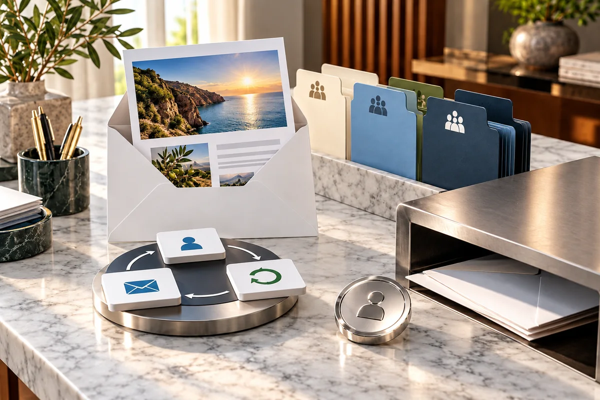 Image-led newsletter envelope, audience dividers, consent token and sequenced email cards.