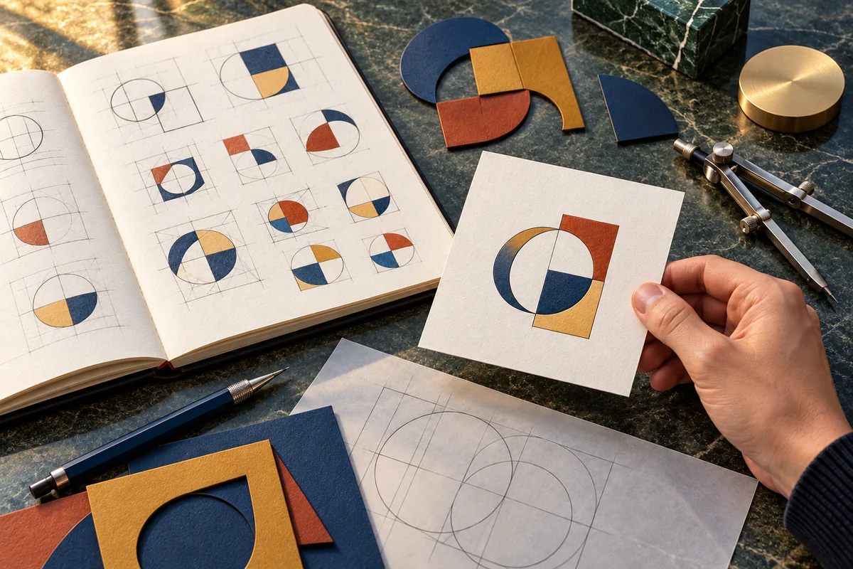 Abstract symbol sketches, cut black shapes, compass and selected geometric mark card.