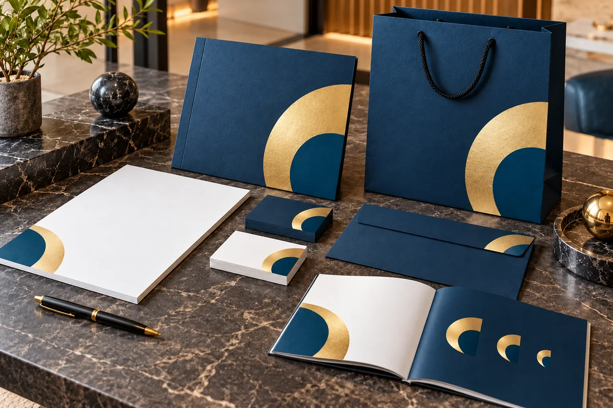 Business cards, letterhead, envelope, folder, bag and brand guide sharing one geometric motif.