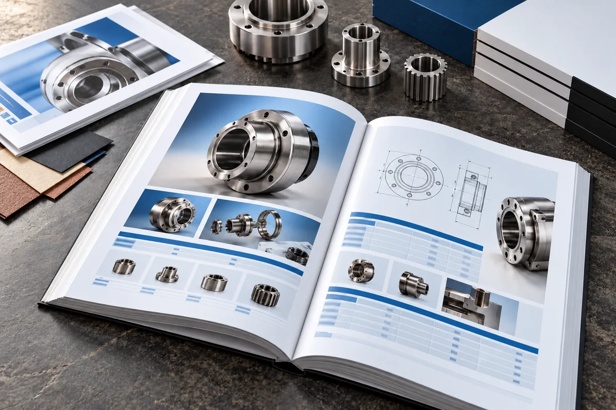 Open printed product catalogue with technical drawings, proof pages and metal product samples.