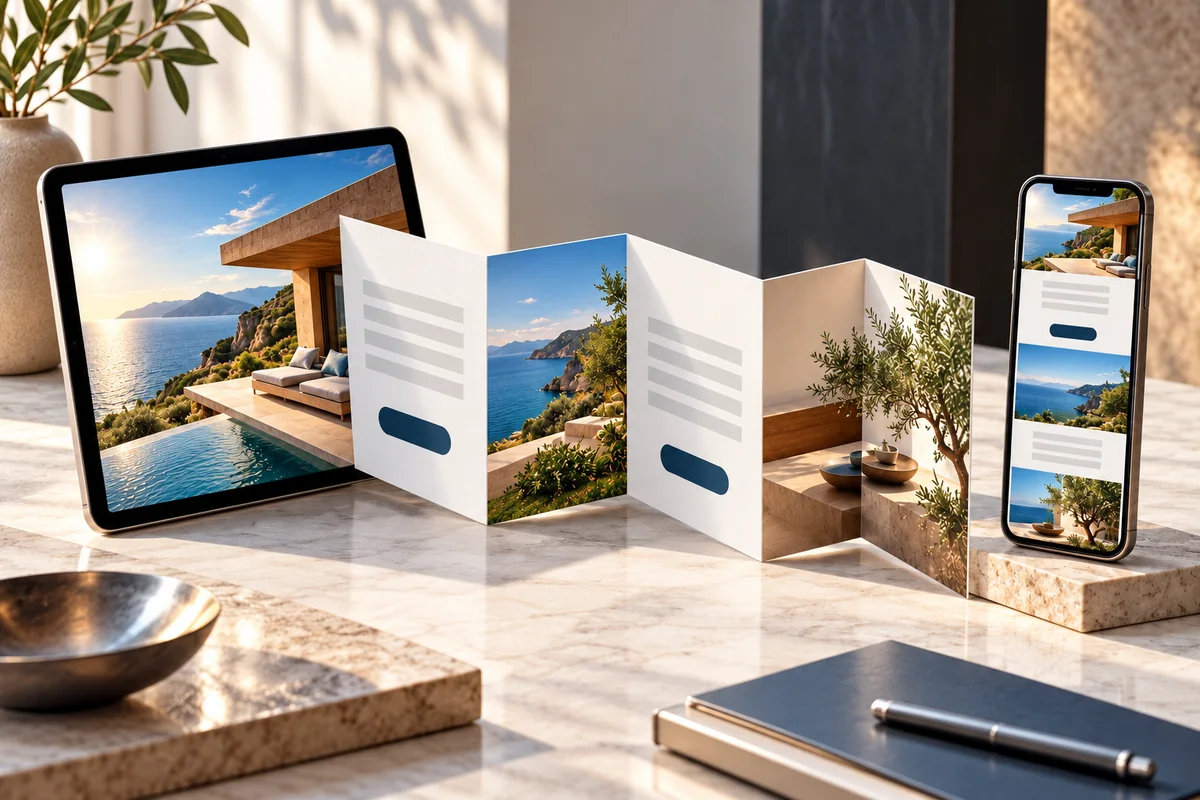 Accordion brochure unfolding from a tablet beside a phone showing the same concise presentation.