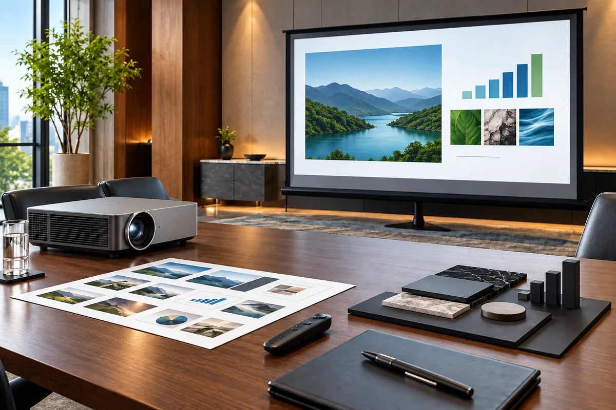 Conference room with slide-storyboard cards, presentation remote and projector displaying a clean slide.